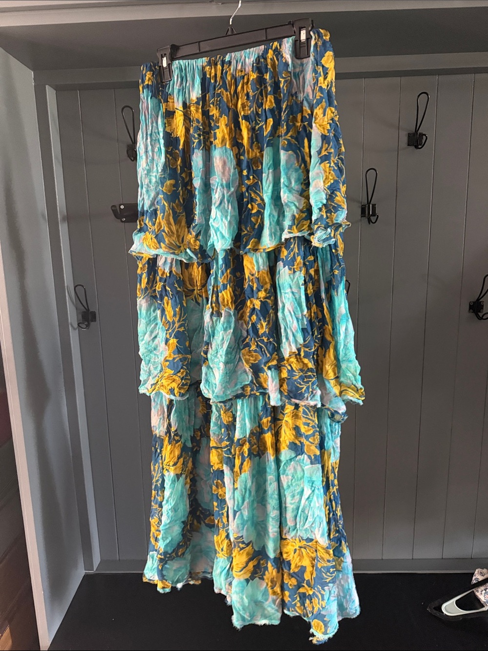 Strapless Tiered Floral Maxi Dress - Teal & Mustard